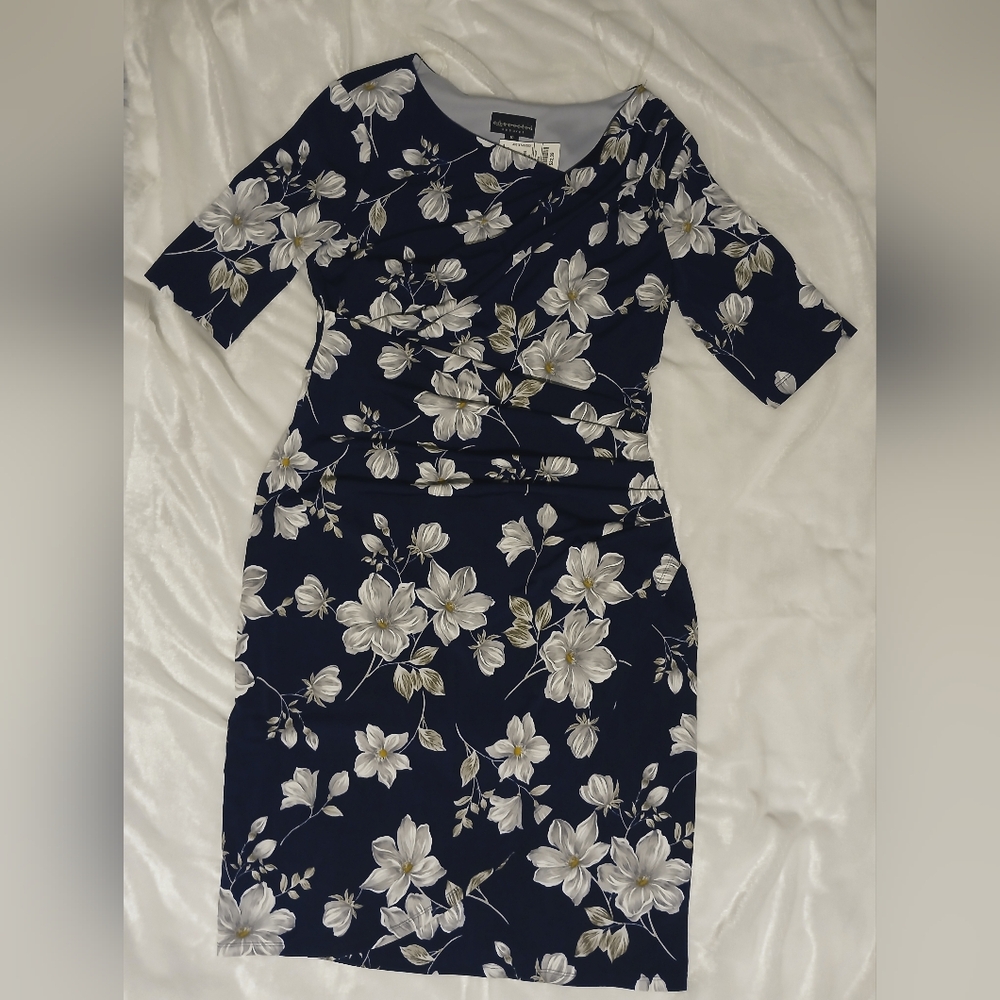 Women's Navy Floral Elbow Sleeve Midi Bodycon Style Dress